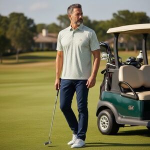 Rhoback Polo Shirt Mens Medium White Stretch Palm Tree Golf Cart Logo